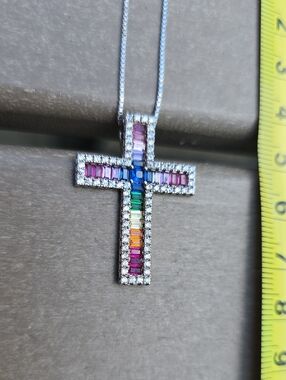 Sterling Silver Rainbow Cross Pendant Necklace - Multicolor